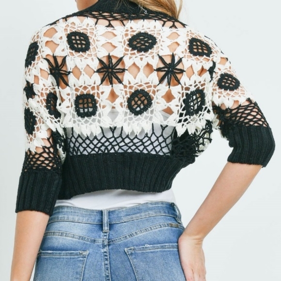 Chic Embroidered Wildflower Crop Cotton Cardigan Sweater Sleeve in Black - Picture 11 of 13